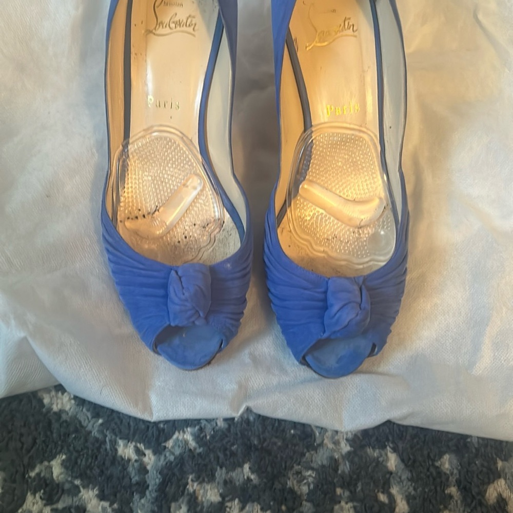 Christian Louboutin Blue Suede Heels with Ruched Detail